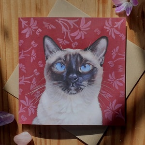 Carte de voeux chat siamois avec fleurs au pochoir / carte d'anniversaire chat siamois / carte chat siamois / carte siamois fête des mères / fête des pères
