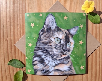 Tortoiseshell Cat with Golden Stars Greetings Card