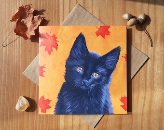 Black Kitten with Autumn Leaves Greetings card / Black Kitten Birthday card / Black Cat Halloween card