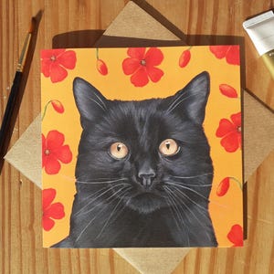 Schwarze Katze mit Mohnblumen Grußkarte / Schwarze Katze Geburtstagskarte / Schwarze Katze Glückskarte / Schwarze Katze Muttertags- / Vatertagskarte