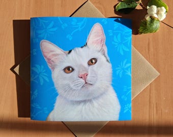 Mostly White Cat with Stencilled Flowers Greetings Card