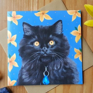 Carte de voeux chat noir duveteux avec fleurs / Carte d'anniversaire chat noir / Carte porte-bonheur chat noir / Carte chat noir / Fête des mères chat noir