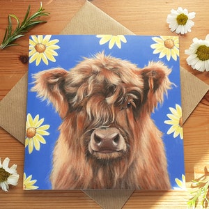 Tarjeta de felicitación de vaca de las Highlands con margaritas / Tarjeta de cumpleaños de vaca de las Highlands / Tarjeta para el Día de la Madre de vaca de las Highlands / Tarjeta para el Día del Padre