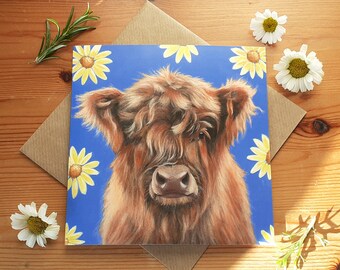 Carte de voeux vache Highland avec marguerites / carte d'anniversaire vache Highland / fête des mères vache Highland / carte fête des pères