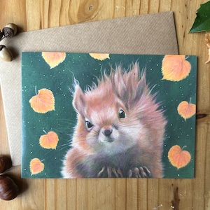 Carte de voeux Écureuil roux avec feuilles d'automne / Carte d'anniversaire écureuil roux / Carte de fête des mères écureuil roux