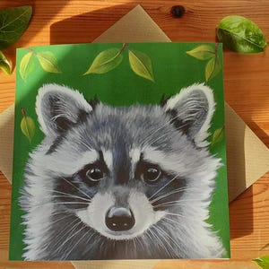 Carte de voeux raton laveur avec feuilles d'été / Carte d'anniversaire de raton laveur / Carte de raton laveur / Carte de raton laveur / Fête des mères de raton laveur / Carte de fête des pères