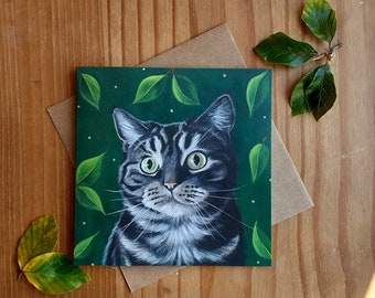 Carte de voeux de chat tigré avec des feuilles d'été / carte d'anniversaire de chat tigré / carte de chat tigré / carte de fête des mères de chat tigré / carte de fête des pères