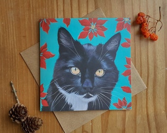 Black and White Cat with Poinsettia Greetings Card