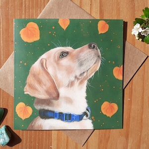 Carte de voeux Chiot Labrador avec feuilles qui tombent / Carte d'anniversaire de chiot Labrador / Carte de fête des mères de chiot Labrador / Carte de fête des pères