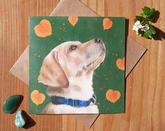 Labrador Puppy with Falling Leaves Greetings card / Labrador Puppy Birthday card
