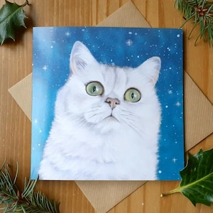 Carte de voeux chat blanc avec ciel étoilé / Carte d'anniversaire de chat blanc / Carte de chat blanc / Carte de fête des mères de chat blanc / Carte de fête des pères
