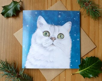 White Cat Starry Sky Greetings Card