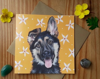 German Shepherd Puppy Greetings Card: Floral Dog Art
