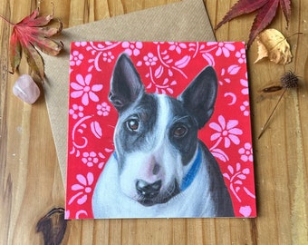 Bull Terrier with Red Patterned Background Greetings card / Bull Terrier Birthday card / Bull Terrier Mother's day card