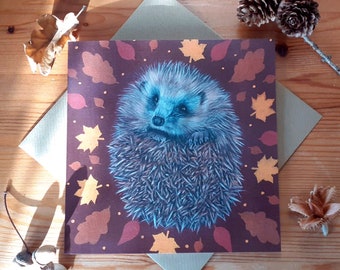 Hedgehog and Autumn Leaves Greetings Card