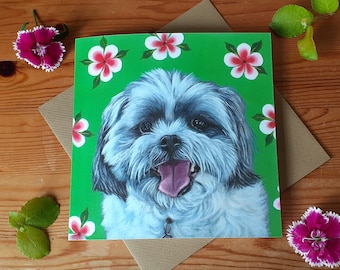 Shih Tzu with Primula Greetings card