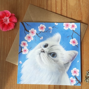 Carte de voeux chat persan blanc avec fleurs de cerisier / carte d'anniversaire de chat persan / carte de fête des mères de chat