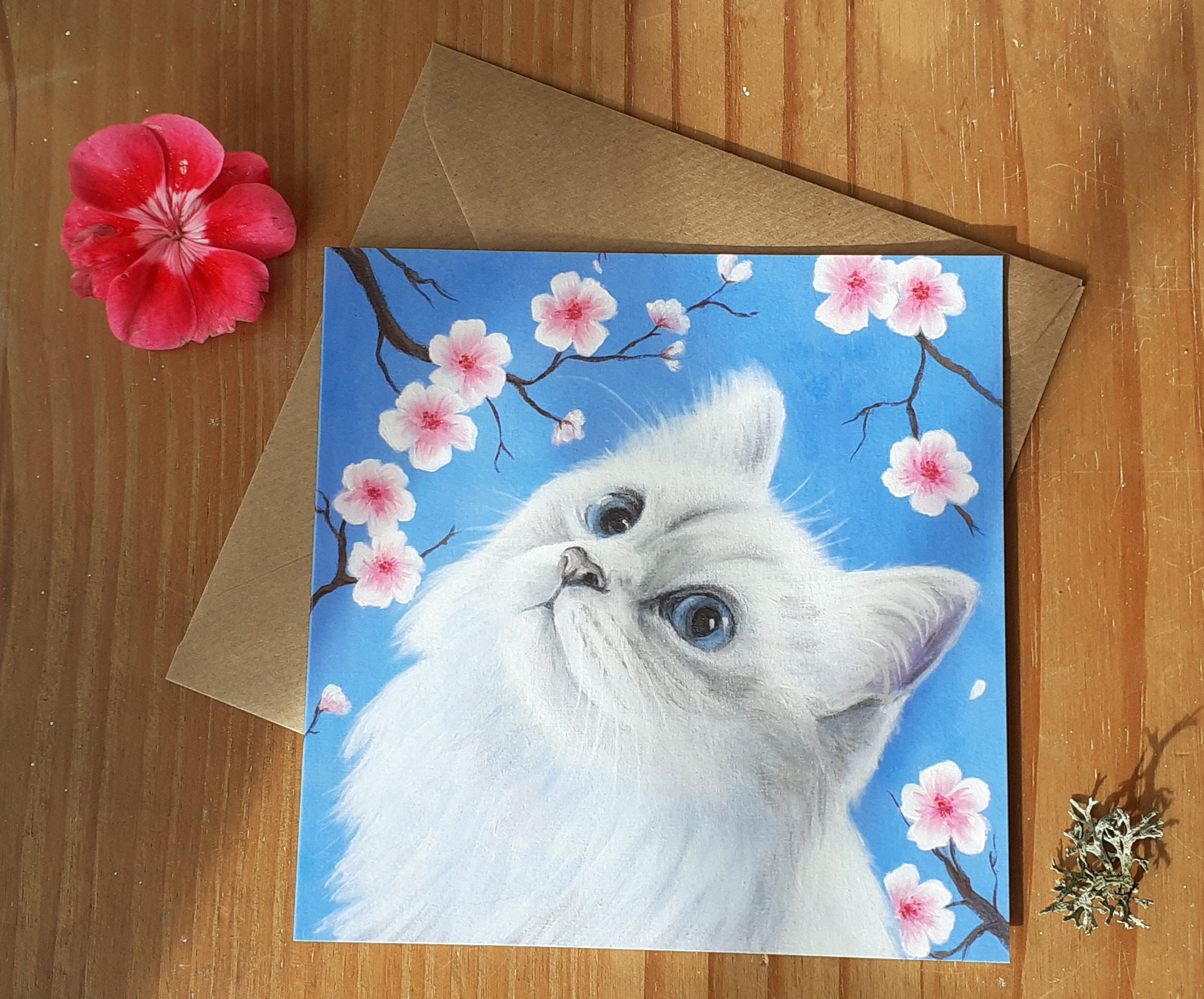 White Persian Cat with Cherry Blossom Greetings card / Persian cat Birthday card / Cat Mother's Day card
