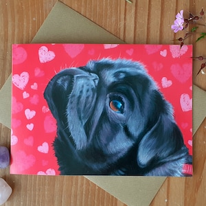Tarjeta de felicitación de un Pug negro con corazones / Tarjeta de cumpleaños de un Pug negro / Tarjeta de Pug / Tarjeta del Día de la Madre de un Pug