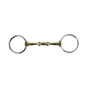May include: A gold-colored horse bit with two stainless steel rings. The bit has a loose ring design.