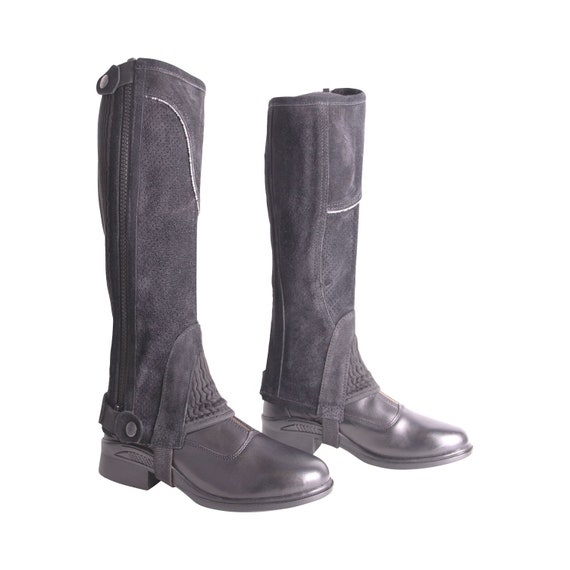 AK Wesley Real Suede Horse Riding Half Chaps - Breathable Equestrian Chap With Side Zip & Stretch Panels