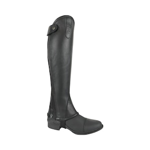 May include: Black leather riding boot gaiters with a zipper on the side and a snap closure at the top. The gaiters have a logo on the back.
