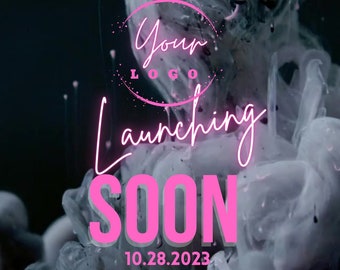 May include: A pink and white graphic with the text "Launching Soon" and the date "10.28.2023". The graphic also includes social media icons for Instagram, TikTok, and Facebook, as well as the text "@YOURSOCIALMEDIANAME" and "www.YOURWEBSITE.com".
