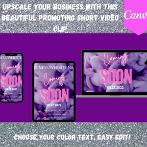 May include: A purple background with three different sized screens displaying a "Coming Soon" graphic with a pink background and white text. The text on the screens reads "Coming Soon" with the date "08.27.2022". The text "Choose Your Color Text, Easy Edit!" is at the bottom of the image.