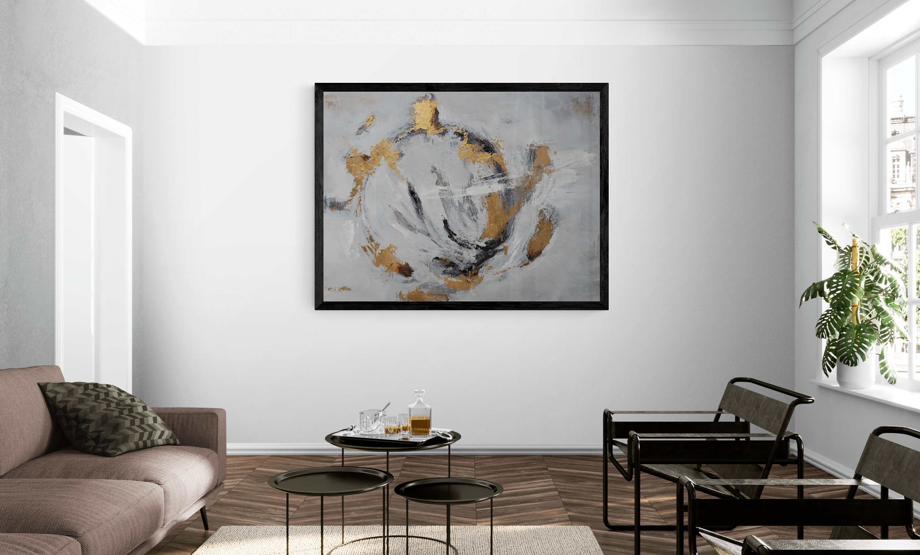 Gold Grey Black Abstract Painting Canvas Paper Print Unique Etsy UK