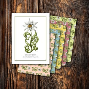 May include: A botanical illustration of an Edelweiss flower with the text "Edelweiss Alpine Spring Flower" on a white card. Several patterned cards with floral designs in various colors are arranged beside it. The background is a dark wood surface.