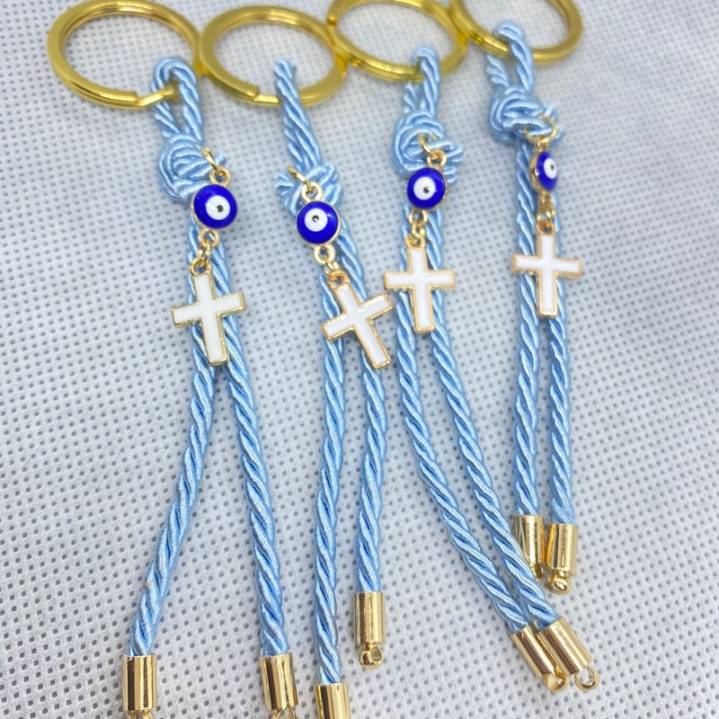 Evil Eye Christian Keychains | Catholic Cross Keyring | Baptism Rope Keychain (10 Pcs) | Byzantine Cross | Cross Gifts | Baptism Charm