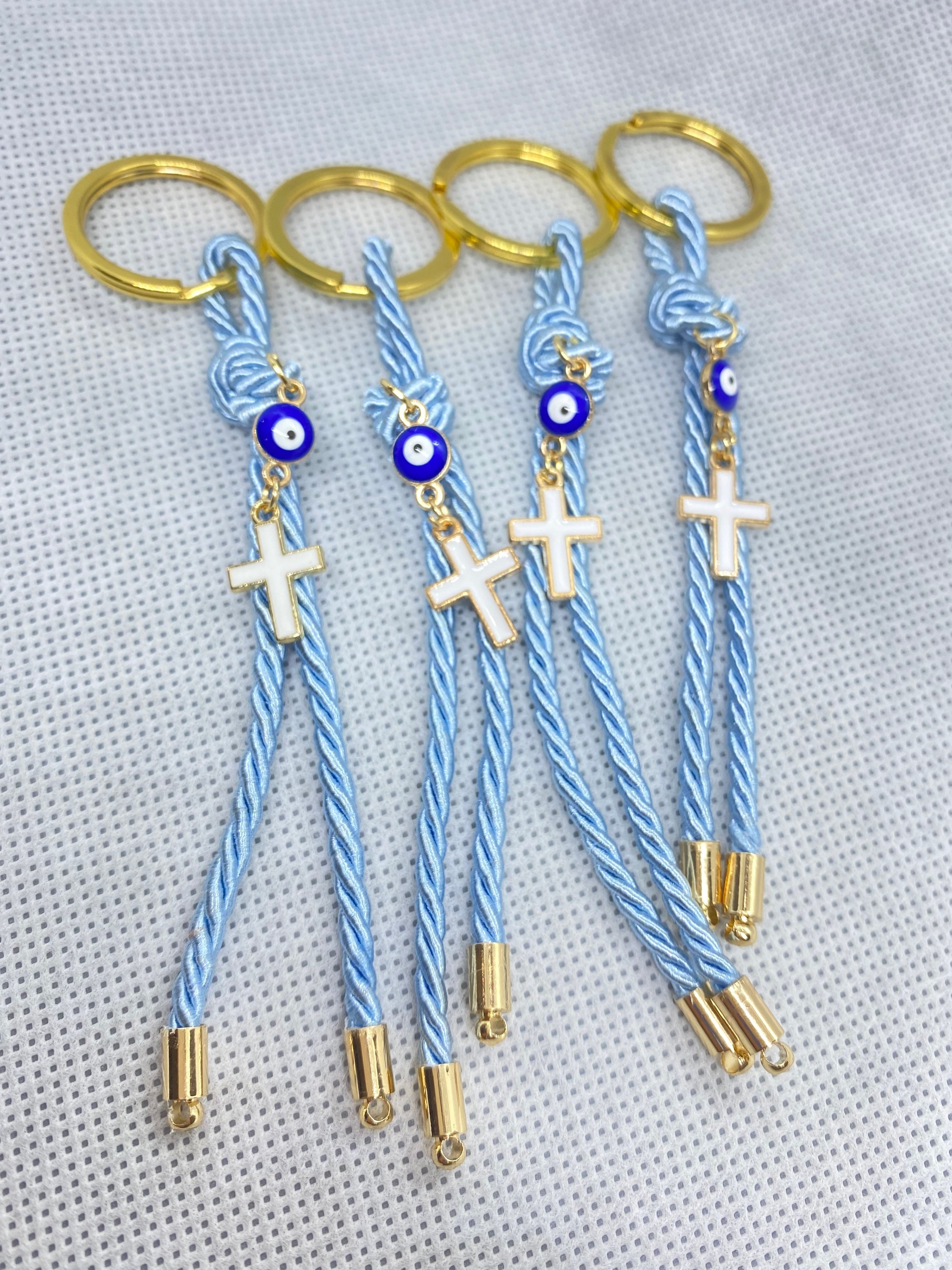 Evil Eye Christian Keychains | Catholic Cross Keyring | Baptism Rope Keychain (10 Pcs) | Byzantine Cross | Cross Gifts | Baptism Charm