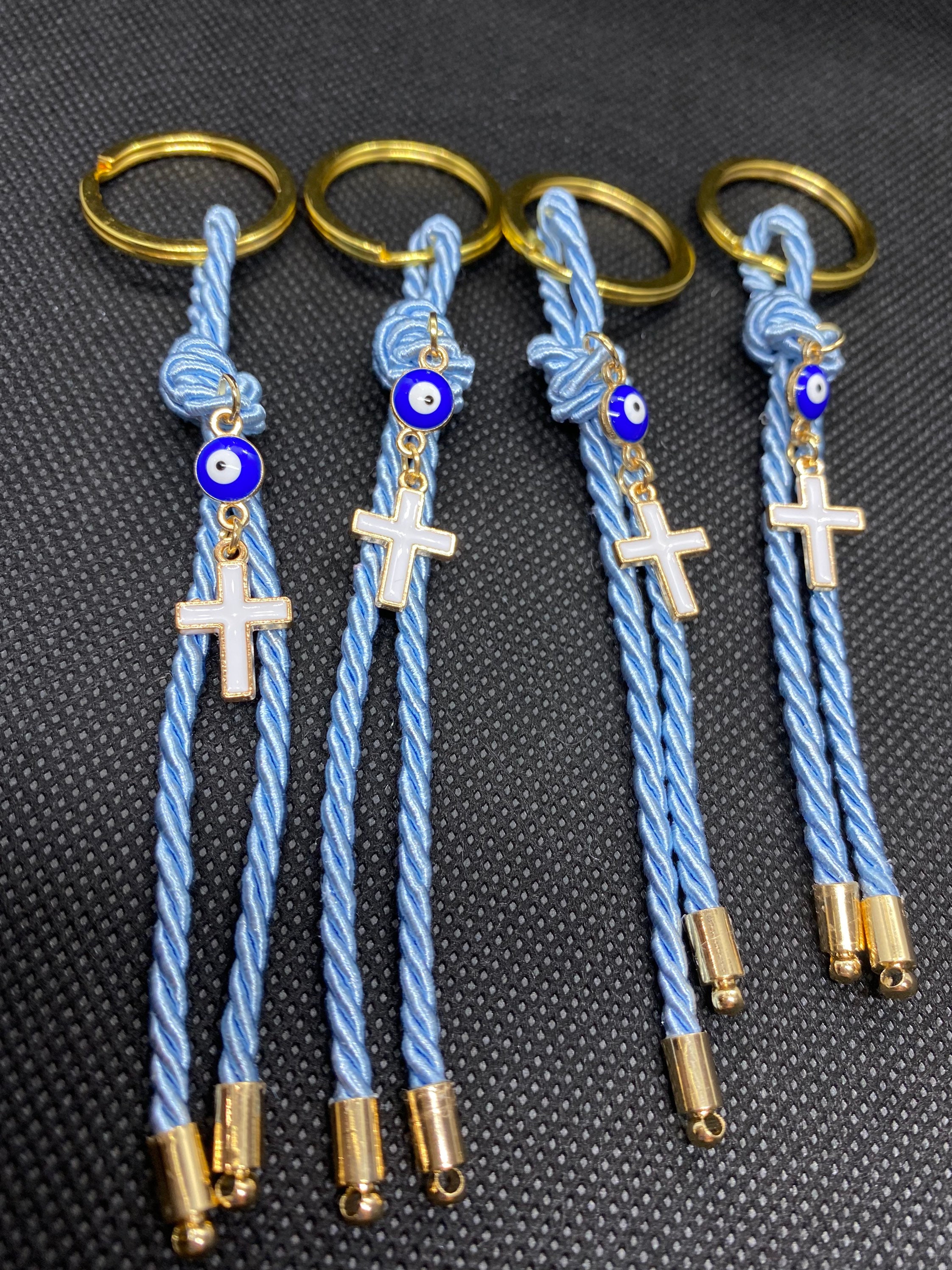 Evil Eye Christian Keychains | Catholic Cross Keyring | Baptism Rope Keychain (10 Pcs) | Byzantine Cross | Cross Gifts | Baptism Charm