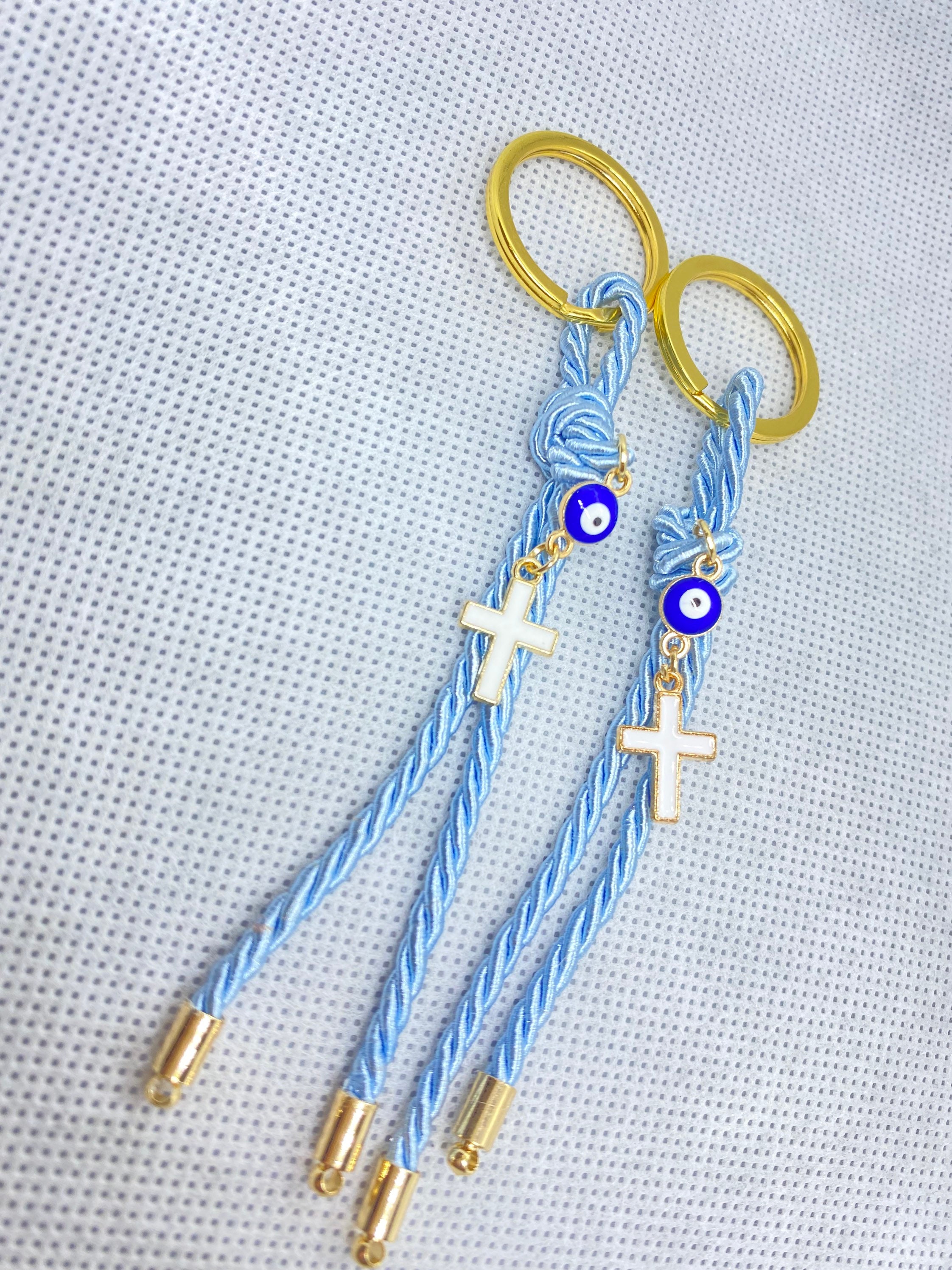 Evil Eye Christian Keychains | Catholic Cross Keyring | Baptism Rope Keychain (10 Pcs) | Byzantine Cross | Cross Gifts | Baptism Charm