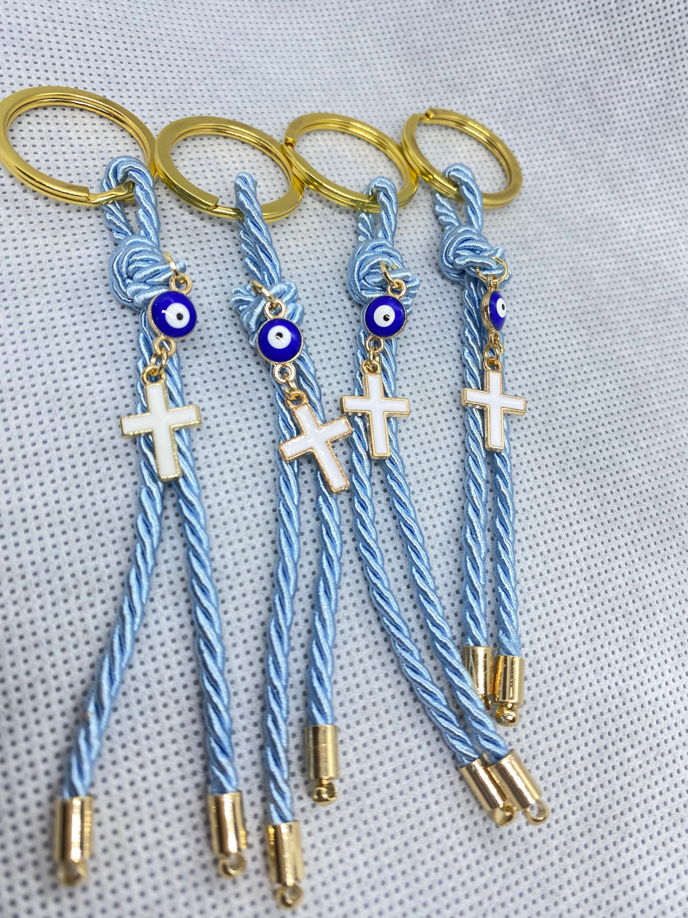 Evil Eye Christian Keychains | Catholic Cross Keyring | Baptism Rope Keychain (10 Pcs) | Byzantine Cross | Cross Gifts | Baptism Charm
