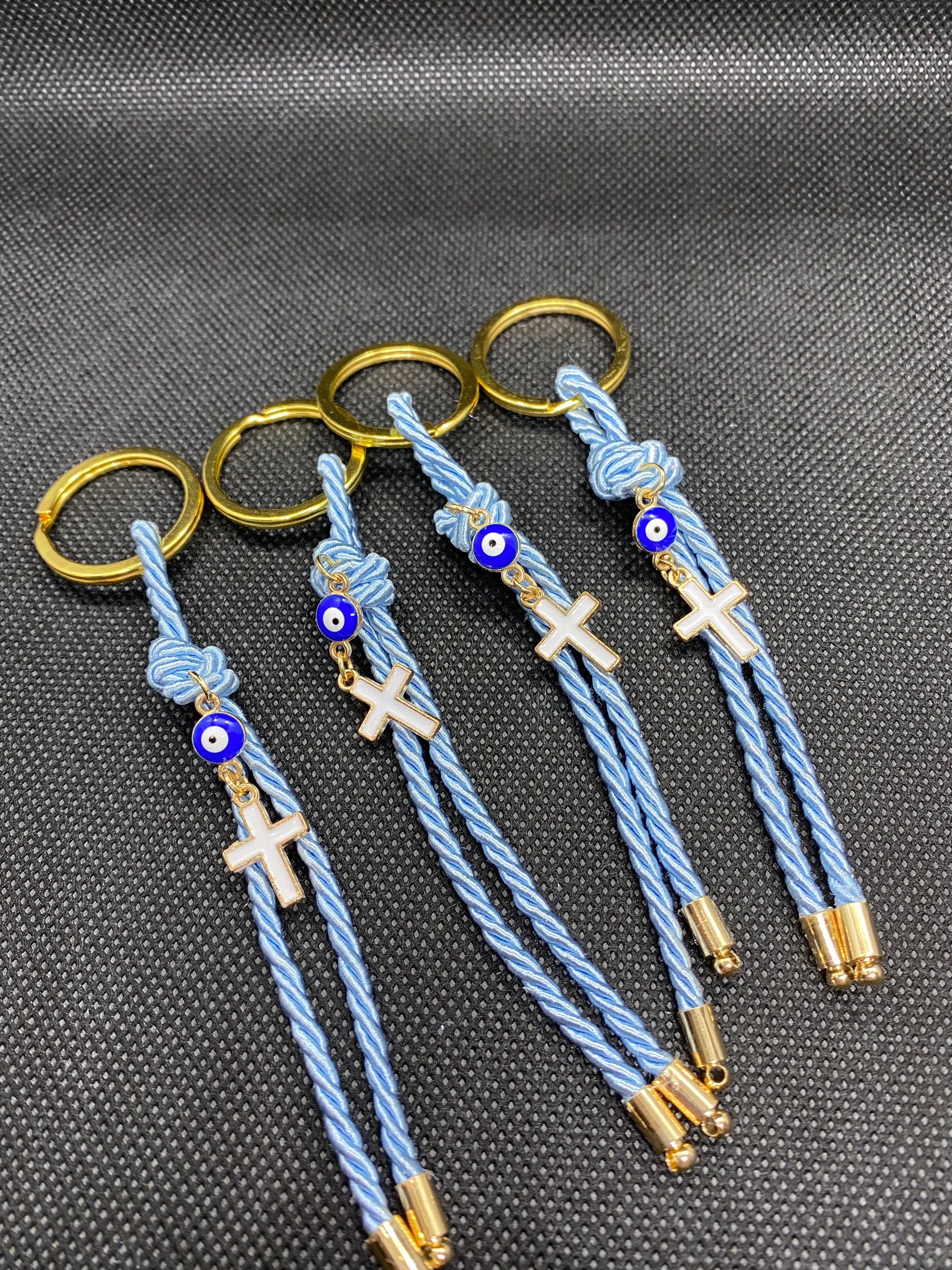 Evil Eye Christian Keychains | Catholic Cross Keyring | Baptism Rope Keychain (10 Pcs) | Byzantine Cross | Cross Gifts | Baptism Charm