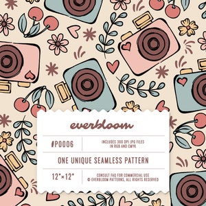 Summer Camera Seamless Pattern For Commercial Use, Repeat Pattern Jpg, Boho Floral Jpg, Seamless Repeat, Pattern For Fabric