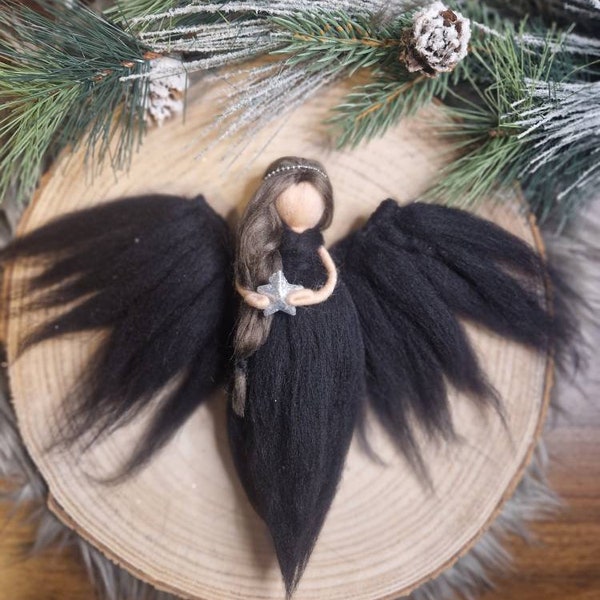 Black Christmas angel, hand-felted from merino wool, fairy, elf, gift, lucky charm, guardian angel, black, mythical creatures, decoration