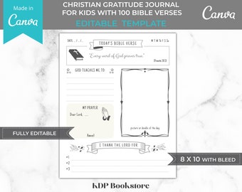 Christian gratitude journal for kids canva template, kdp interior,  8x10 fully editable template, 100 bible verses prayer journal