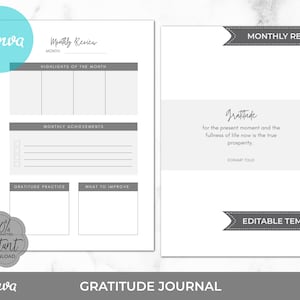 May include: A printable gratitude journal template with a monthly review section, highlights of the month, monthly achievements, gratitude practice, and what to improve sections. The template also includes a quote about gratitude by Eckhart Tolle.