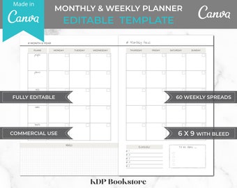 Canva undated planner template, editable weekly & monthly planner,  kdp interior, 6x9 inches,  incl. ready to use pdf file, commercial use