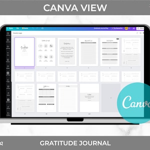 May include: A screenshot of a Canva design for a gratitude journal. The design includes a title page, a page for gratitude prompts, and several pages for journaling. The design is in black and white.