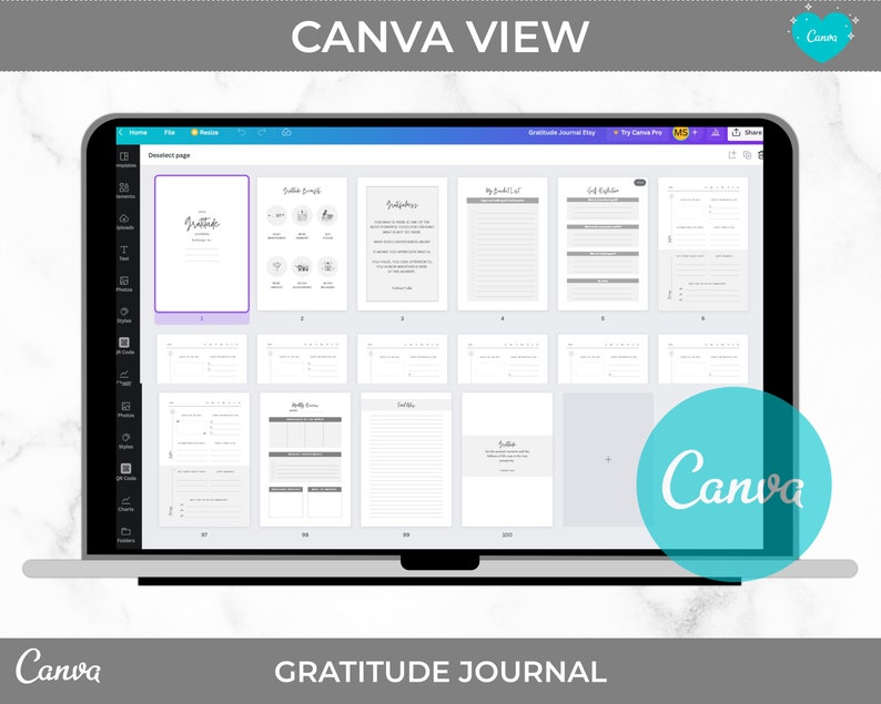May include: A screenshot of a Canva design for a gratitude journal. The design includes a title page, a page for gratitude prompts, and several pages for journaling. The design is in black and white.