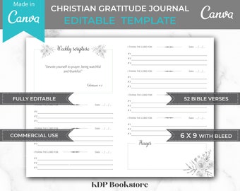 Christian gratitude journal canva template, kdp interior,  6x9 fully editable template with bleed, 52 bible verses prayer journal