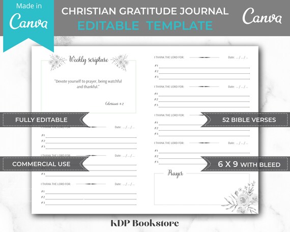 Christian gratitude journal canva template, kdp interior,  6x9 fully editable template with bleed, 52 bible verses prayer journal