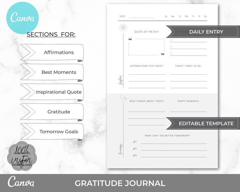 May include: A printable gratitude journal template with sections for affirmations, best moments, inspirational quotes, gratitude, and tomorrow's goals. The template includes a daily entry section with space for a quote of the day, affirmations for today, what you want to be today, best things about today, happy moments, and what you can do better tomorrow.