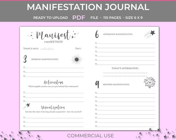 Manifestation Journal 369 Method, KDP Interior, Ready to Upload PDF  Template, Low Content Book, 6x9 in 110 Pages, Commercial Use 