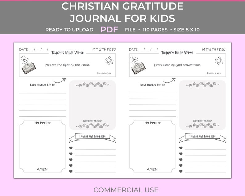 Christian gratitude journal for kids, prayer journal for kids, kdp interior, 8x10 with bleed, 100 bible verses prayer journal image 1
