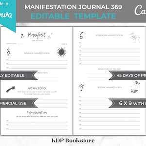Könnte beinhalten: Eine druckbare Manifestations-Journal-Vorlage in einem Grau- und Weiß-Farbschema. Das Journal trägt den Titel "Manifestations-Journal 369" und enthält den Text "Vollständig editierbar", "Kommerzielle Nutzung", "Aktionsschritte", "Visualisierung", "45 Tage Praxis" und "6 x 9 mit Beschnitt".