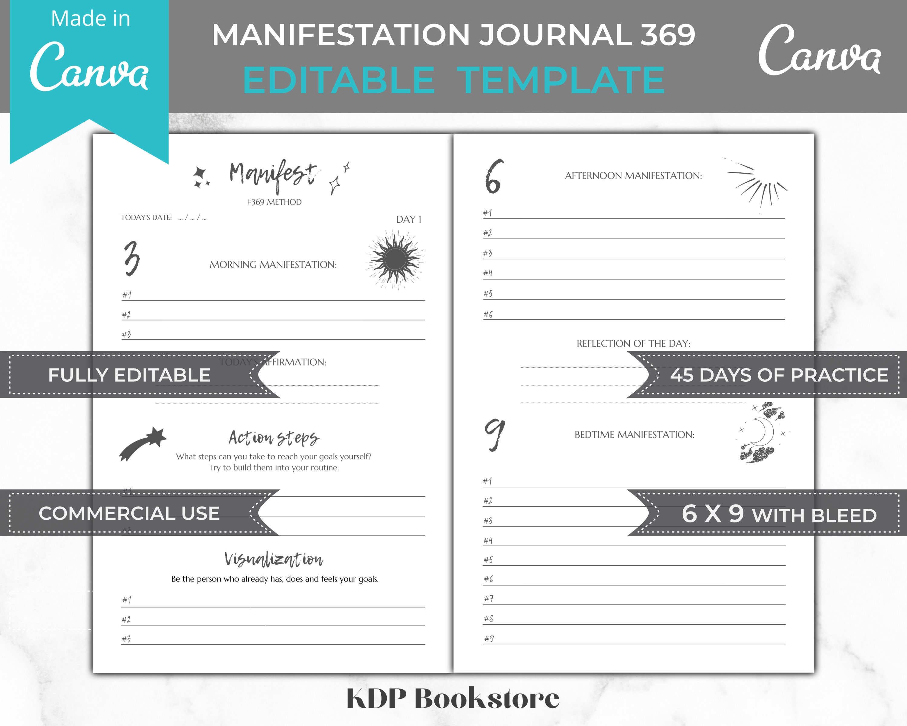 Manifestation Journal 369 Method Canva Template, KDP Interior, 6x9 100  Pages Fully Editable Template With Bleed Ready PDF File 